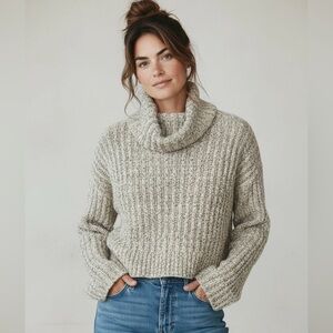 Free People Gray Chunky Knit Cropped Turtleneck Sweater
